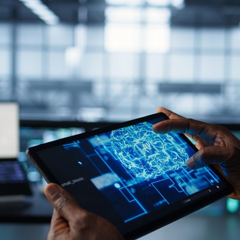 Programmer in data center using AI tech on tablet, close up Programmer in data center using AI tech on tablet, testing equipment failover scenarios. Server farm IT specialist uses artificial intelligence on device, ensuring data accessibility, camera B closeup